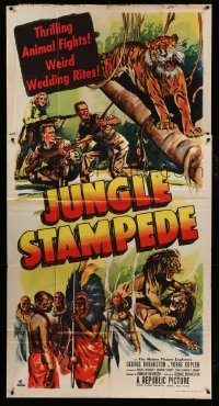 4w658 JUNGLE STAMPEDE 3sh '50 cool artwork of wild jungle animals attacking + nude native!