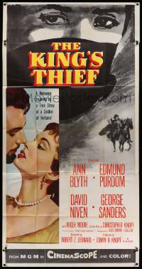 4w662 KING'S THIEF 3sh '55 Ann Blyth romancing Edmund Purdom & art of masked Purdom on horse!