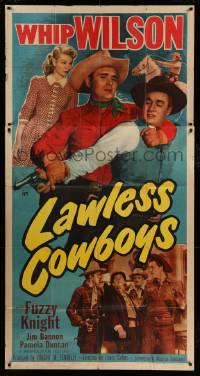 4w677 LAWLESS COWBOYS 3sh '51 great huge image of Whip Wilson restraining bad guy with gun!