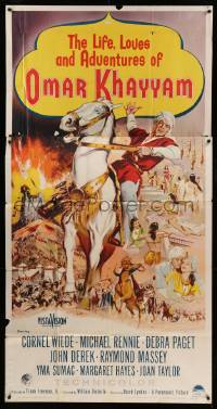 4w682 LIFE, LOVES & ADVENTURES OF OMAR KHAYYAM 3sh '57 artwork of Cornel Wilde on horseback!