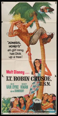 4w699 LT. ROBIN CRUSOE, U.S.N. 3sh '66 Disney, cool art of Dick Van Dyke chased by island babes!