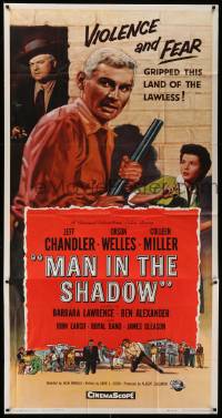 4w706 MAN IN THE SHADOW 3sh '58 Jeff Chandler, Orson Welles & Colleen Miller in a lawless land!