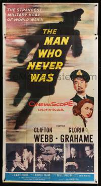 4w709 MAN WHO NEVER WAS 3sh '56 Clifton Webb, Gloria Grahame, strangest military hoax of WWII!