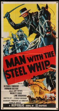 4w710 MAN WITH THE STEEL WHIP 3sh '54 serial, cool art of masked hero on horse lashing his whip!