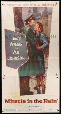 4w727 MIRACLE IN THE RAIN 3sh '56 great full-length romantic art of Jane Wyman & Van Johnson!