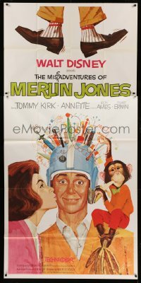4w728 MISADVENTURES OF MERLIN JONES 3sh '64 Disney, wacky art of Annette Funicello, Kirk & chimp!