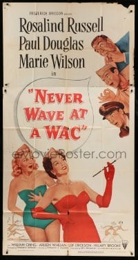 4w745 NEVER WAVE AT A WAC style A 3sh '53 art of guys whistling at Rosalind Russell & Marie Wilson!