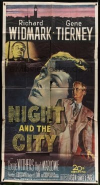4w748 NIGHT & THE CITY 3sh '50 great Gargiulo art of Gene Tierney, Richard Widmark & Sullivan!