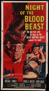 4w750 NIGHT OF THE BLOOD BEAST 3sh '58 art of sexy girl & monster hand holding severed head!