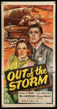 4w770 OUT OF THE STORM 3sh '48 close up art of Jimmy Lydon protecting pretty Lois Collier!