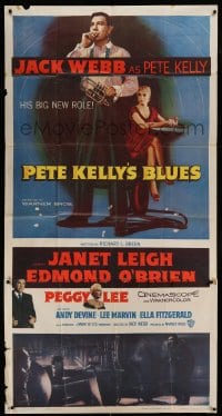 4w786 PETE KELLY'S BLUES 3sh '55 Jack Webb smoking & holding trumpet, sexy Janet Leigh, noir!