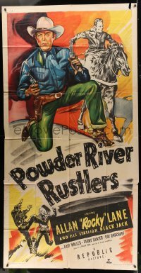 4w796 POWDER RIVER RUSTLERS 3sh '49 cowboy Rocky Lane stops a fake railroad agent, cool art, rare!