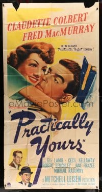 4w797 PRACTICALLY YOURS 3sh '44 art of Claudette Colbert hugging Air Force pilot Fred MacMurray!