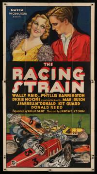 4w811 RACING STRAIN 3sh '33 stone litho of Wally Reid Jr. & Phyllis Barrington over race cars!