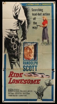 4w825 RIDE LONESOME 3sh '59 cowboy Randolph Scott, Karen Steele, directed by Budd Boetticher!