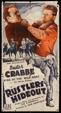 4w835 RUSTLERS' HIDEOUT 3sh '45 stone litho close up of Buster Crabbe fighting bad guy!
