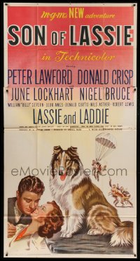 4w869 SON OF LASSIE 3sh '45 art of Peter Lawford, June Lockhart & the classic canine star!
