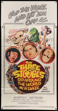 4w917 THREE STOOGES GO AROUND THE WORLD IN A DAZE 3sh '63 wacky art of Moe, Larry & Curly-Joe!
