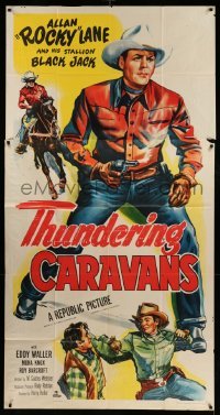 4w921 THUNDERING CARAVANS 3sh '52 great artwork of cowboy Rocky Lane w/smoking gun & Black Jack!