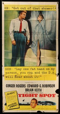 4w923 TIGHT SPOT 3sh '55 cop Brian Keith tells sexy Ginger Rogers to get out of that shower!