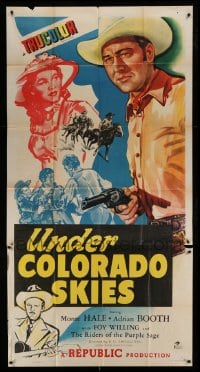 4w946 UNDER COLORADO SKIES 3sh '47 artwork of cowboy Monte Hale with gun, pretty Adrian Booth!