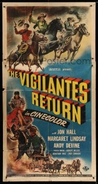 4w957 VIGILANTES RETURN 3sh '46 Jon Hall, Margaret Lindsay & Andy Devine, cool western art!