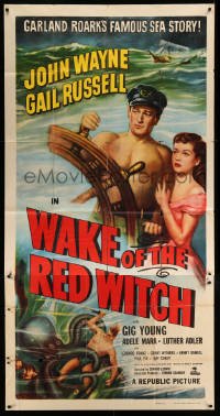 4w961 WAKE OF THE RED WITCH 3sh R52 art of barechested John Wayne & Gail Russell at sea!