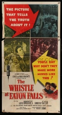 4w978 WHISTLE AT EATON FALLS 3sh '51 Lloyd Bridges, Dorothy Gish, directed by Robert Siodmak!