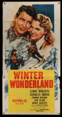 4w987 WINTER WONDERLAND 3sh '47 cool art of Lynne Roberts skiing & hugging Charles Drake!