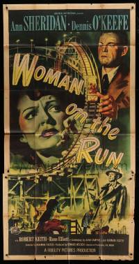 4w988 WOMAN ON THE RUN 3sh '50 Ann Sheridan, Dennis O'Keefe, film noir, cool rollercoaster art!