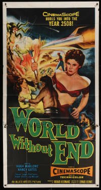 4w989 WORLD WITHOUT END 3sh '56 1st CinemaScope sci-fi thriller, different Reynold Brown art!