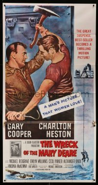 4w990 WRECK OF THE MARY DEARE 3sh '59 super close artwork of Gary Cooper fighting Charlton Heston!
