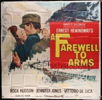 4w081 FAREWELL TO ARMS 6sh '58 art of Rock Hudson kissing Jennifer Jones, Ernest Hemingway