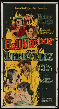 4w619 HELL HARBOR 3sh R37 cool different art of sexy Lupe Velez & top cast in flames, ultra rare!