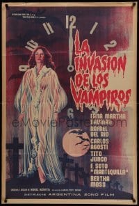 4w212 LA INVASION DE LOS VAMPIROS Argentinean '63 cool art of sexy vampire in see-through robe!