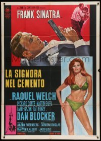4w294 LADY IN CEMENT Italian 1p '68 different art of Frank Sinatra with gun & sexy Raquel Welch!