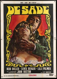 4w129 DE SADE Italian 2p '70 different art of Keir Dullea with his hand on Senta Berger's neck!