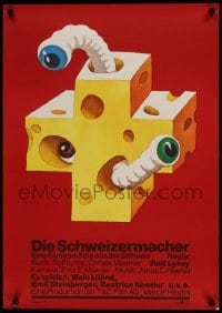 4y109 SWISSMAKERS East German 23x32 '80 different art of Swiss cheese and worms by Schallnau!
