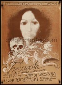 4y915 LEPER Polish 23x32 '76 Tredowata, Starowieyski art of woman, skull, & dead flowers!