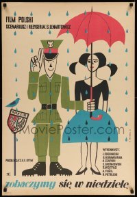 4y960 SEE YOU ON SUNDAY Polish 23x34 '60 Marian Stanchurski art of soldier & girl standing in rain