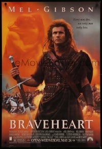 4z587 BRAVEHEART advance DS 1sh '95 cool image of Mel Gibson as William Wallace!
