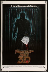 4z675 FRIDAY THE 13th PART 3 - 3D 1sh '82 slasher sequel, art of Jason stabbing through shower!