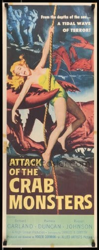 4z468 ATTACK OF THE CRAB MONSTERS 14x36 REPRO poster '80s Corman, art of girl attacked by beast!