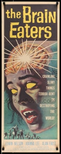 4z470 BRAIN EATERS 14x36 REPRO poster '80s AIP, classic horror art of girl's brain exploding!