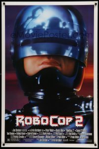 4z870 ROBOCOP 2 DS 1sh '90 great close up of cyborg policeman Peter Weller, sci-fi sequel!