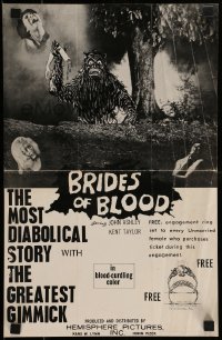 4z299 BRIDES OF BLOOD 11x17 special '68 wacky art of monster holding dismembered arm!