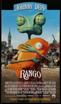 4z254 RANGO 2-sided mini poster '11 Johnny Depp in title role, cute lizard w/fish, die-cut!