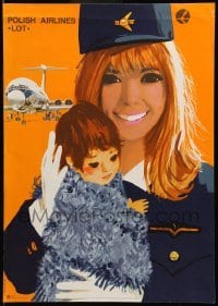 4z236 POLISH AIRLINES 13x19 Polish travel poster '71 smiling stewardess by Janusz Grabianski!