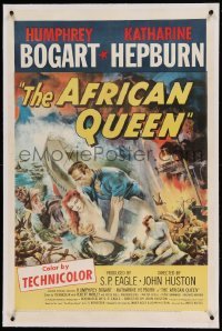 5a002 AFRICAN QUEEN linen 1sh '52 colorful montage artwork of Humphrey Bogart & Katharine Hepburn!