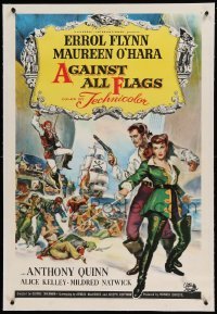 5a004 AGAINST ALL FLAGS linen 1sh '52 Brown art of pirate Errol Flynn & sexy swashbuckling O'Hara!